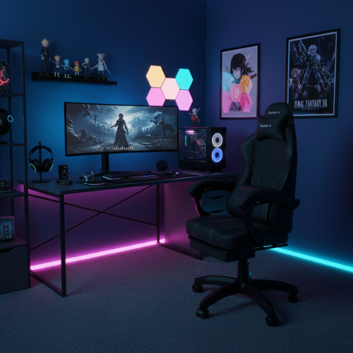 Lifestyle Setting of a Gaming Room - Huzaro Force 3.7 Carbon Black Ergonomic Gaming Chair with Footrest, Lumbar Cushion & Neck Pillow